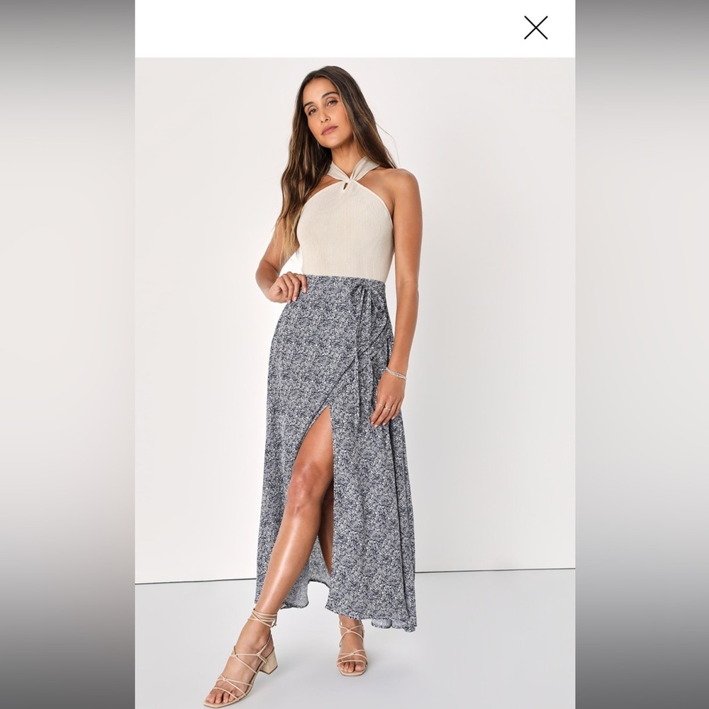 Lulus Beautiful Tempest Navy Blue Print Wrap Maxi Skirt